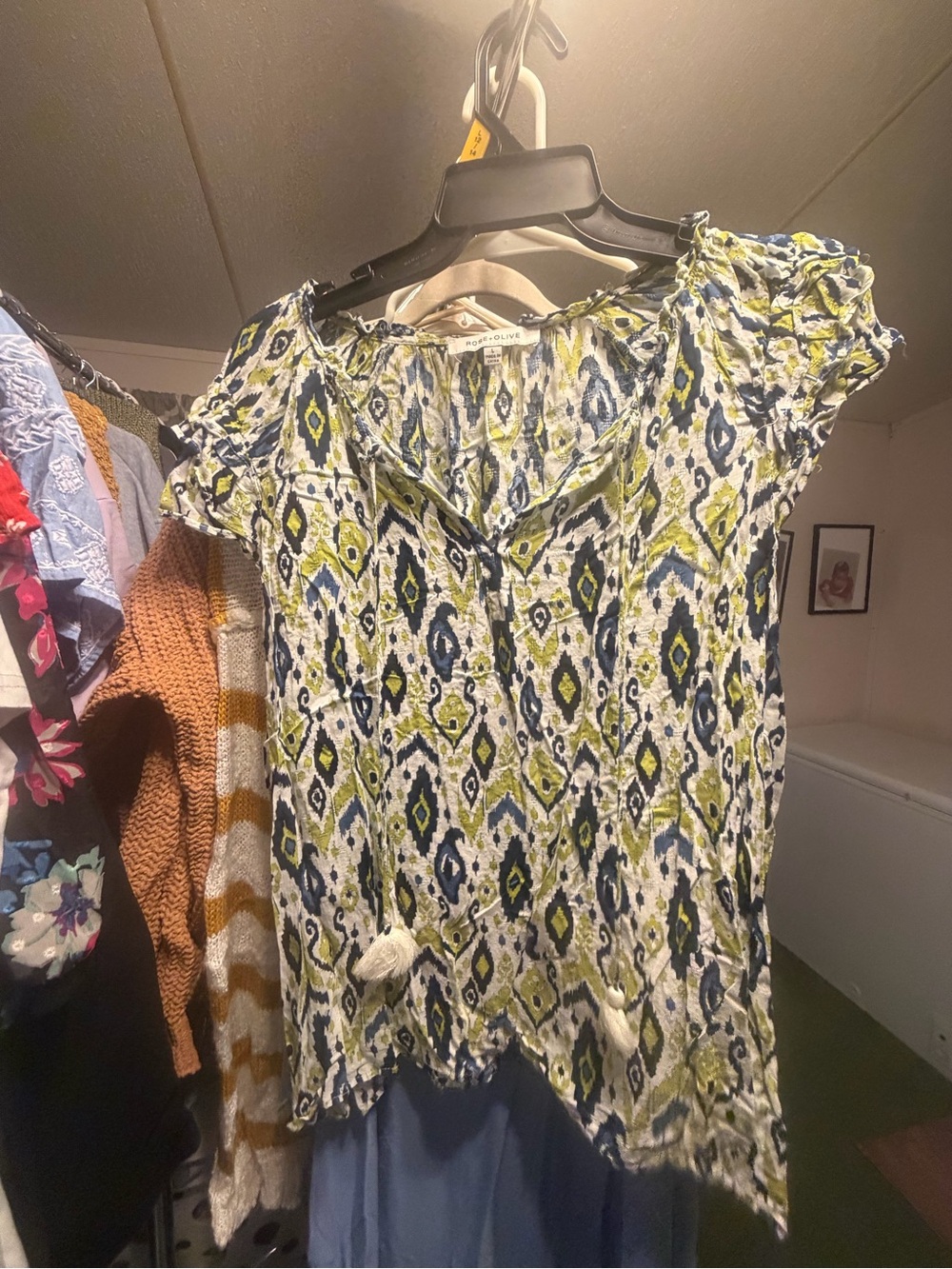 Rose & Olive Green and Navy Ikat Short Sleeve Peasant Top